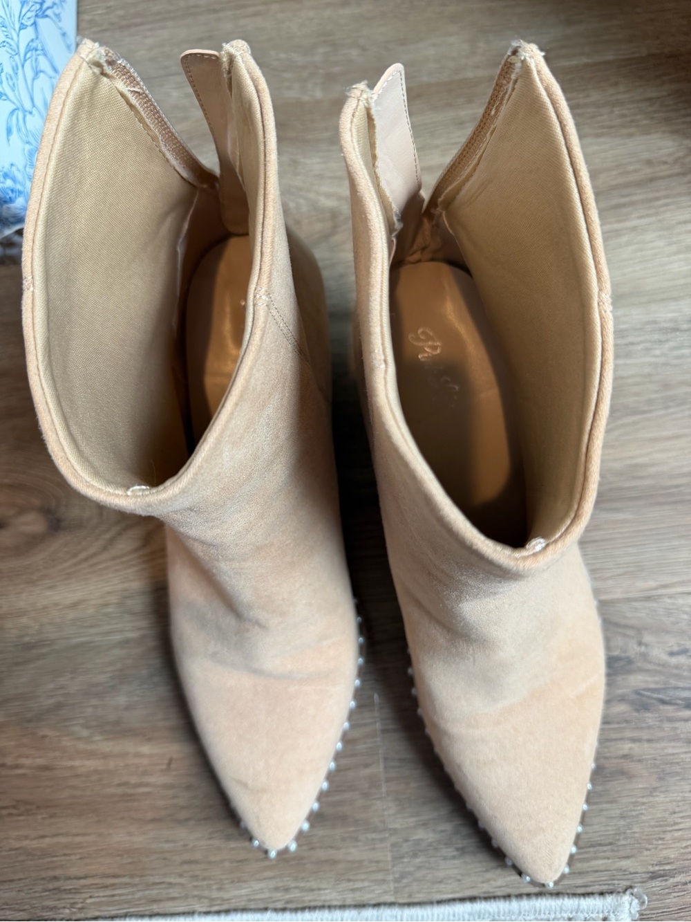 Women's Beige Suede Pointed Ankle Boots with Stud Detail - Picture 3 of 6